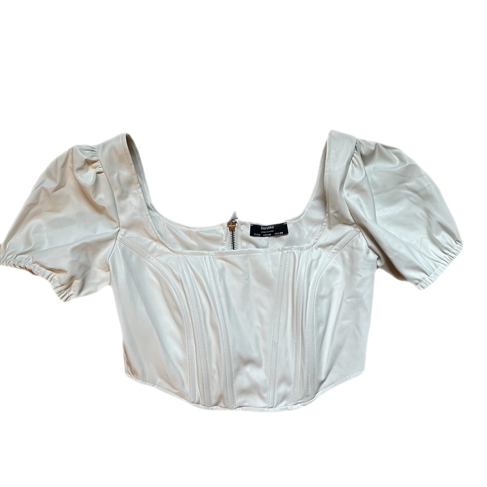 Cream faux Leather zip up Corset with Puff sleeve and Boning size: M